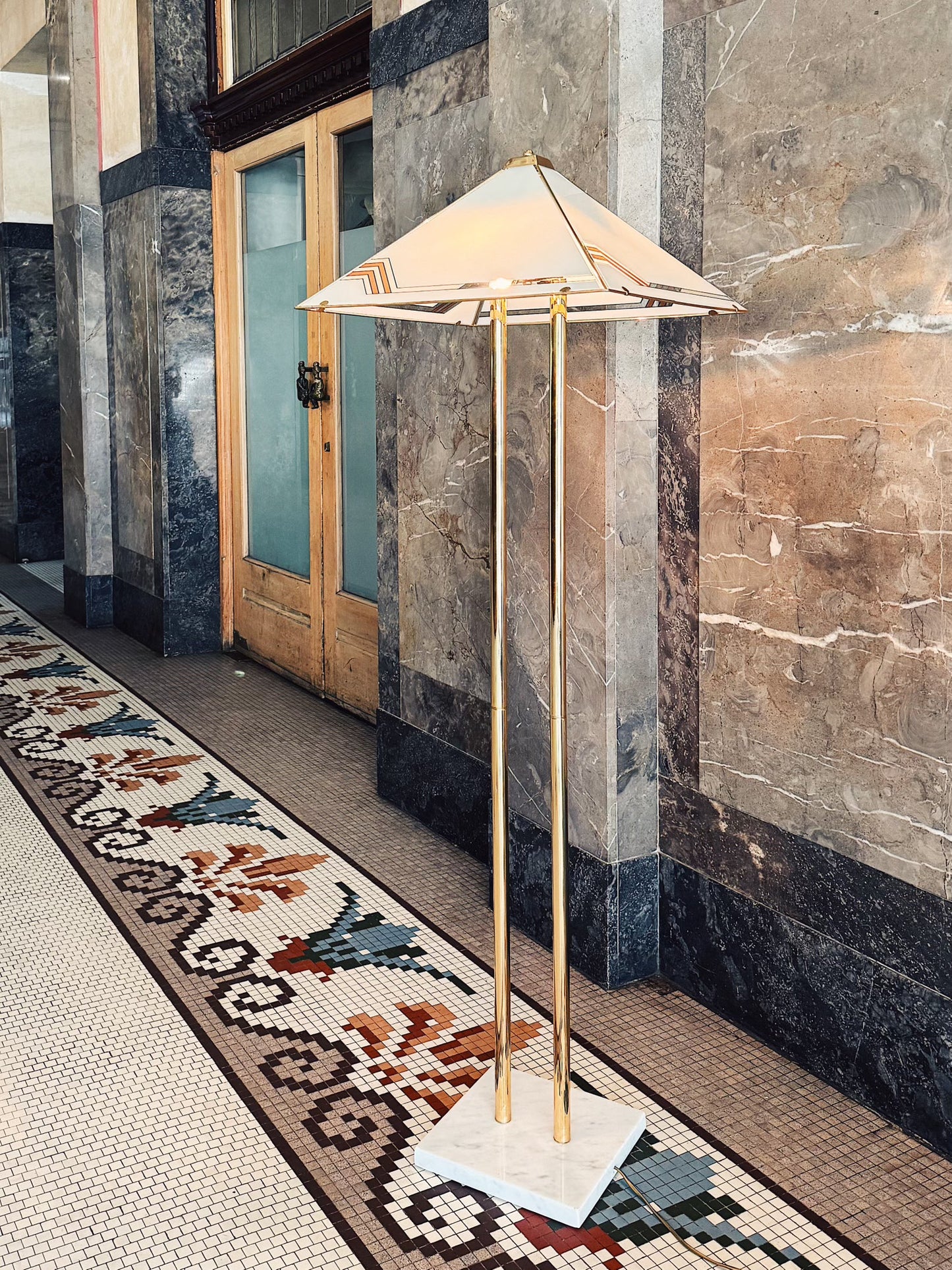 VINTAGE / 1970s Italian Gold, Glass + Marble Floor and Table Lamps