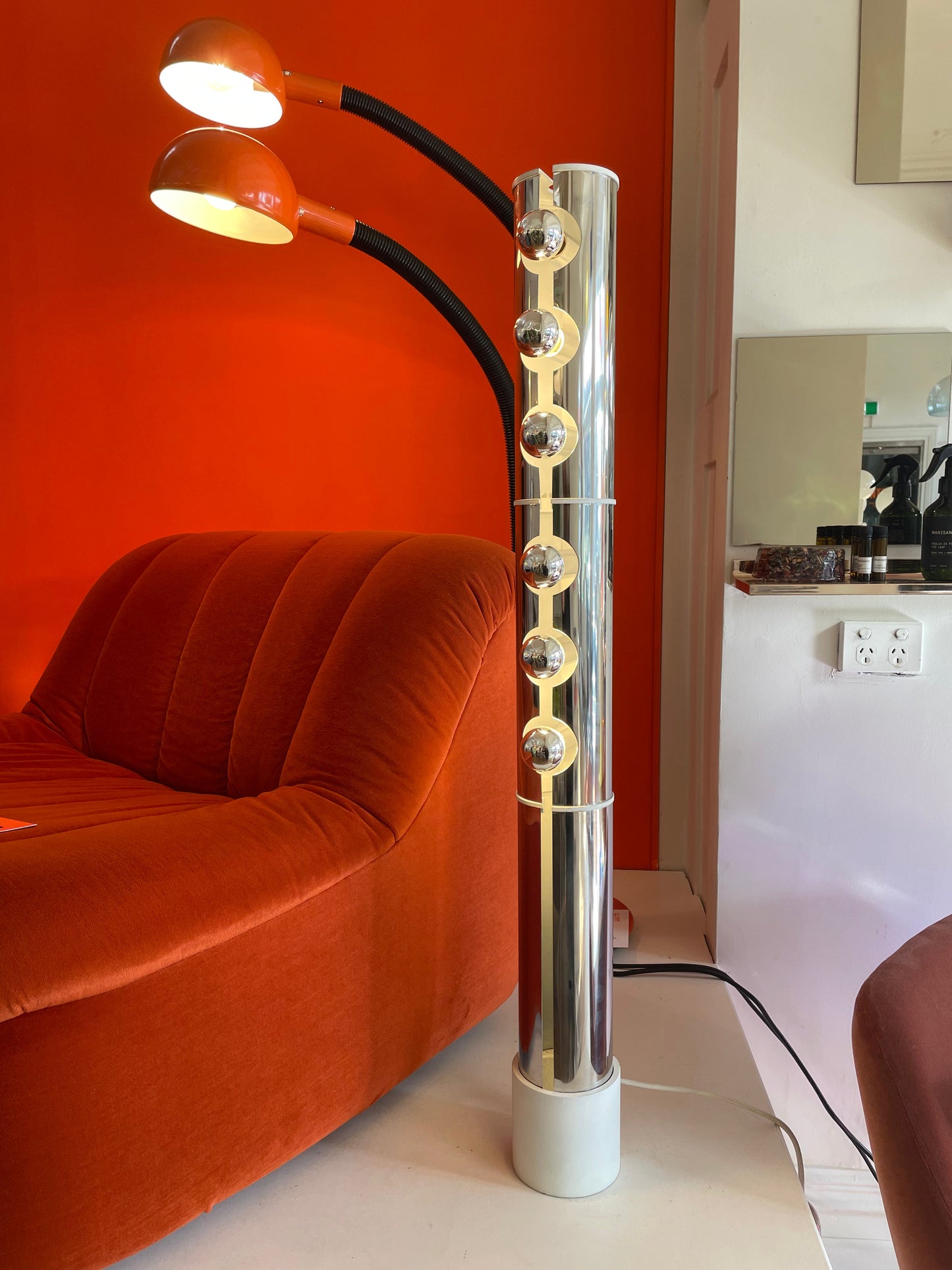 LUCI / 1970's Chrome + Stone Pillar Floor Lamp