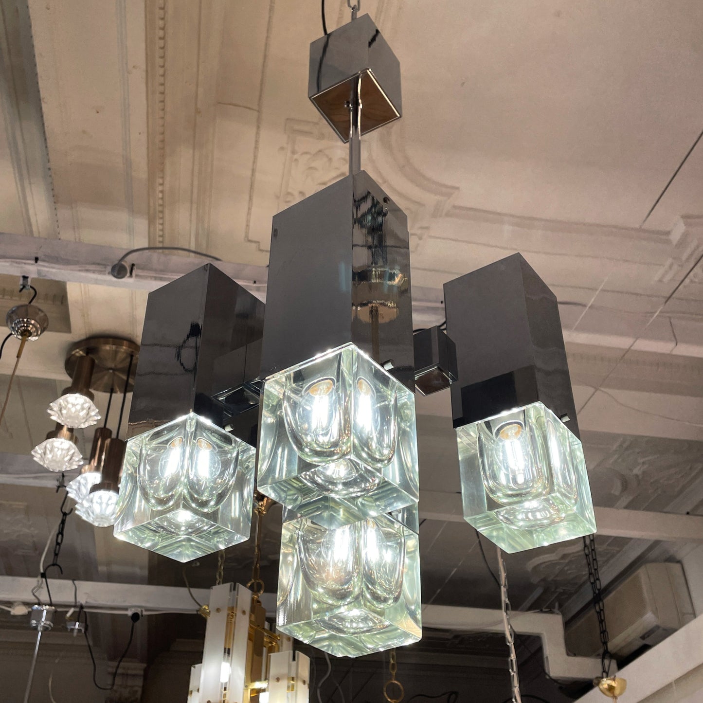 GAETANO SCIOLARI / 1970's Italian Cubic 5 Column Chrome Pendants