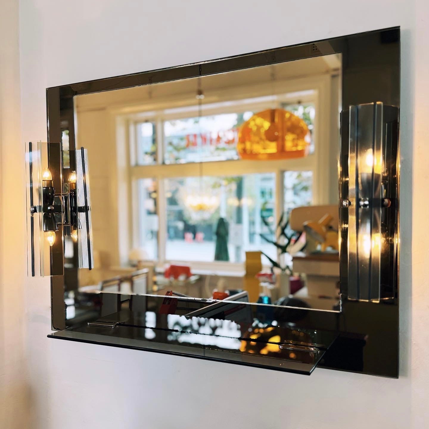 FONTANA ARTE / 1970s Gun Metal + Chrome Mirror w/ Smoke Glass Sconces