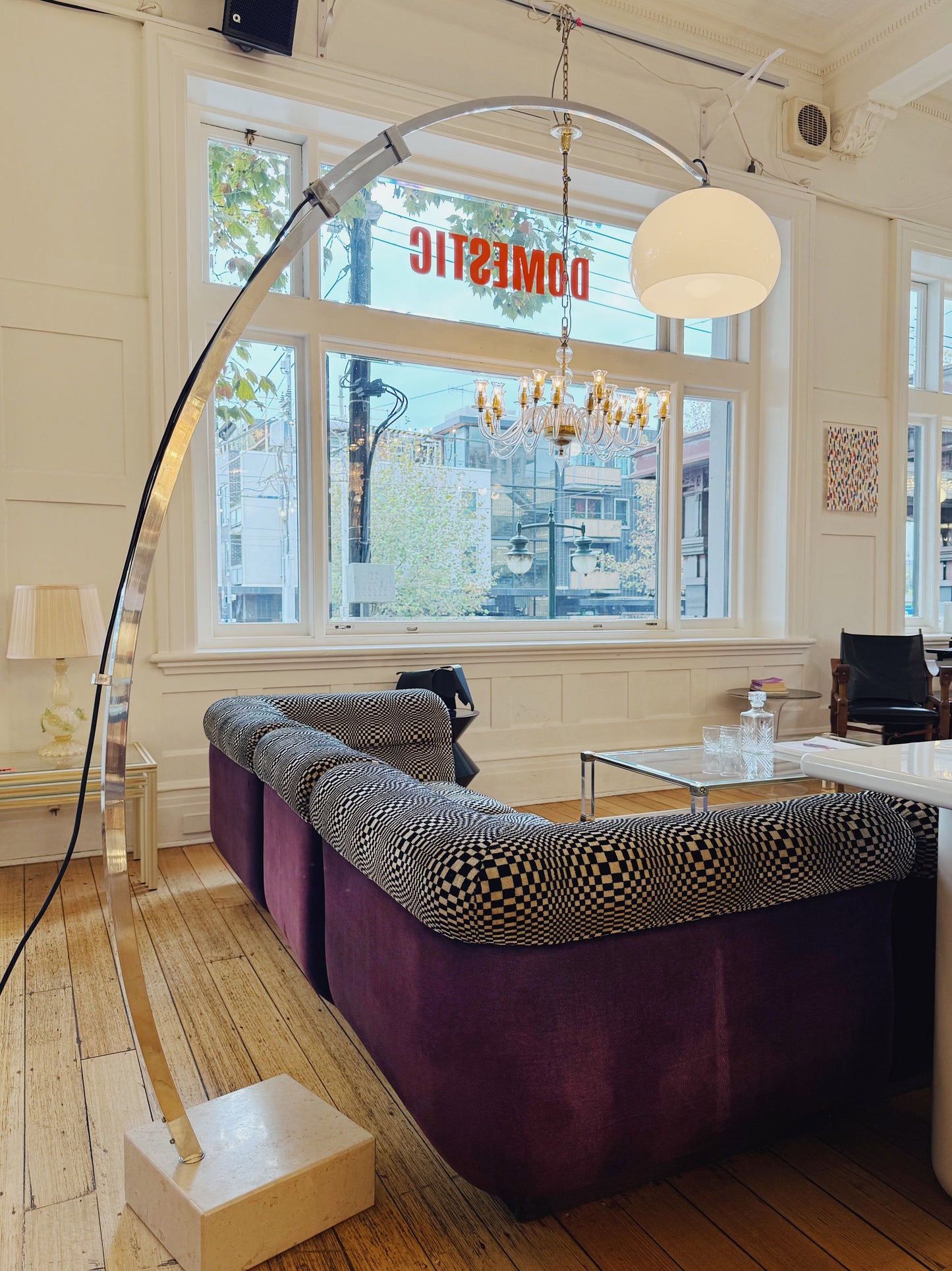 VINTAGE / 1960s Italian Chrome + Travertine Stone Arc Floor Lamp