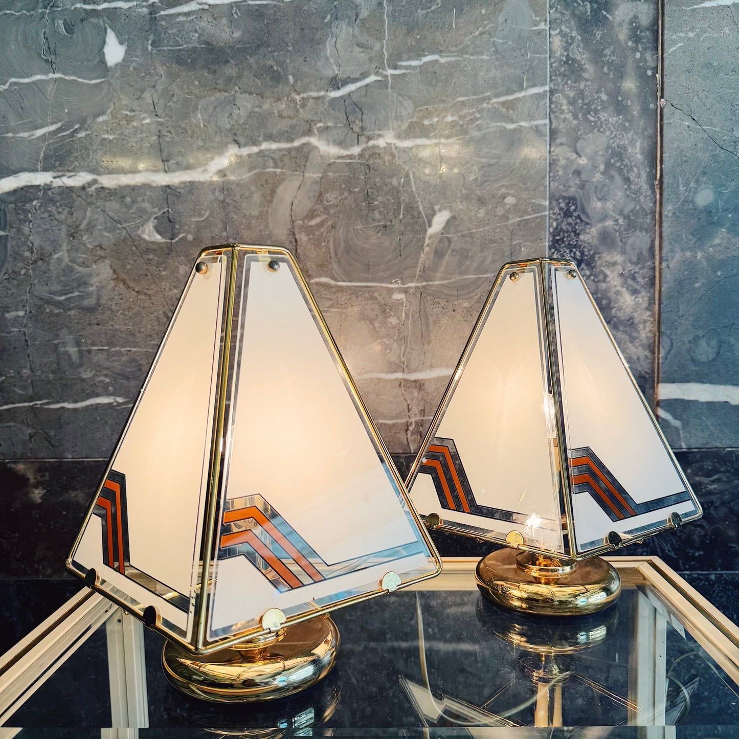 VINTAGE / 1970s Italian Gold, Glass + Marble Floor and Table Lamps