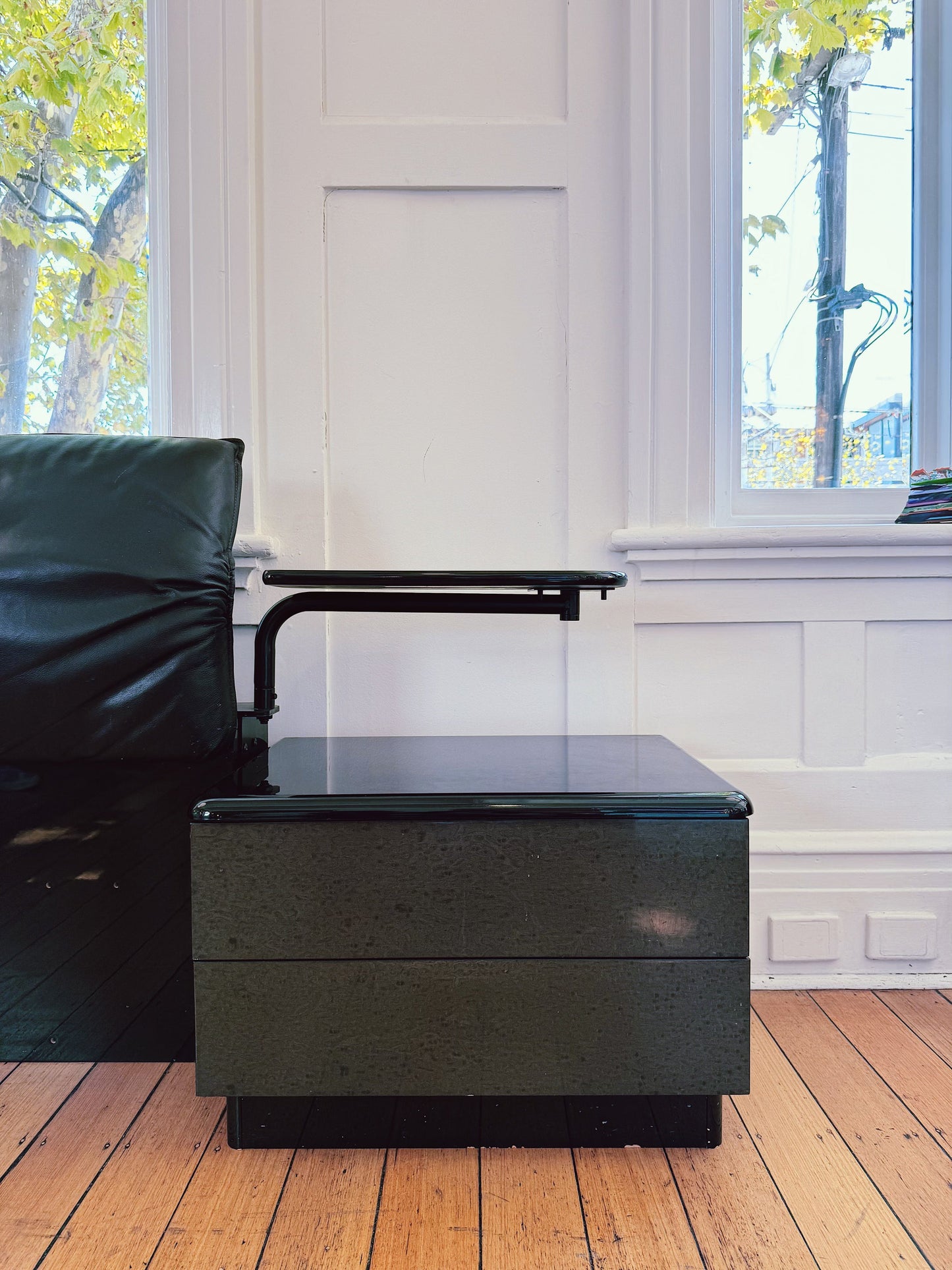 POST MODERN / Alanda Style Leather Bedhead w/Attached Nightstands + Bedside Tables